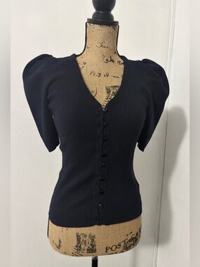 EXPRESS Navy Blue Knit Top Sweater Puff Sleeve Size S